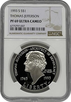 #ad 1993 S Thomas Jefferson Commemorative Proof Silver Dollar NGC PF69 UC SKU Brown $40.00