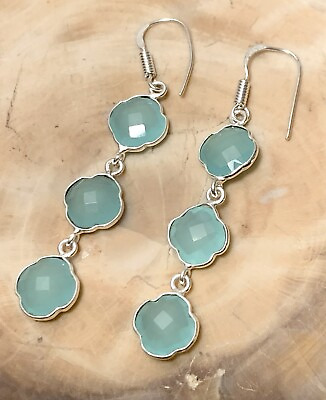#ad Beautiful Blue Chalcedony Lab Created 925 Silver Jewelry Dangle Earring 2.44quot; $38.00