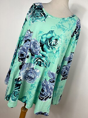 #ad Damp;Co Denim amp; Co XL Shirt Top Green Blue Floral Flower Scoop Neck Tunic Long H7 $20.40