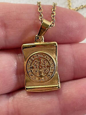 #ad Cross Gold Block Medal Pendant Necklace 18” Stainless Catholic Jesus NEW 20% OFF $12.99