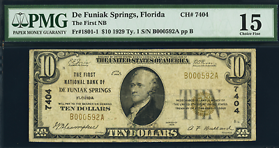#ad $10 1929 DE FUNIAK SPRINGS FL TY. 1 THE FIRST NATIONAL BANK PMG FINE 15 $1850.00