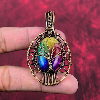 #ad Tree Of Life Rainbow Solar Quartz Druzy Pendant Copper Wire Wrap Stone Jewelry $29.10