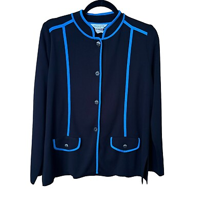 #ad Exclusively Misook Women#x27;s Medium Acrylic Knit Cardigan Button Up Navy Jacket $44.00