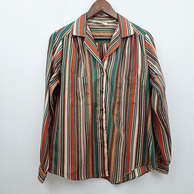 #ad Vintage Shapely 60s 70s Striped Blouse Sz 14 Orange Green Button Up $20.00