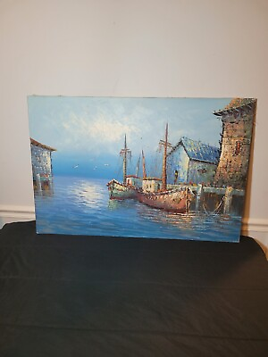 #ad OCEAN AND BOATS SCENERY OIL ON CANVAS PAINTING PREOWNED 36 X 24 $70.00
