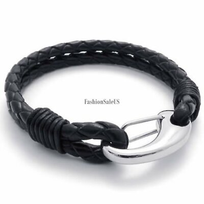 #ad Unisex Black Leather Braided Stainless Steel Clasp Bracelet Wristband Bangle New $9.99
