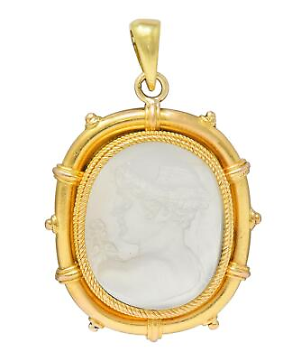 #ad Victorian Carved Moonstone 14 Karat Yellow Gold Hermes Antique Cameo Pendant $4550.00