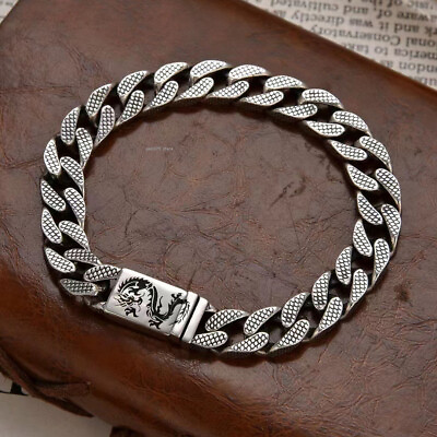 #ad Real 925 Sterling Silver Bracelet Women Men 9mm Dragon Curb Link Bracelet $109.48