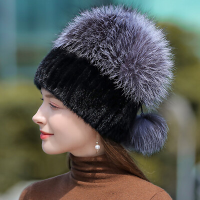 #ad Women#x27;s Real Mink Fur Hat Knitted Cap Mushroom Skullies Beanies Outdoor Ski Cap $48.00