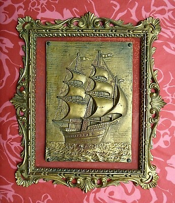 #ad Vintage Ornately Framed Italian Nautical Gold Tone 3D Ship Red Velvet Matte $49.99