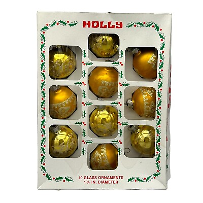 #ad 12 Vintage Holly Decorations Gold Glass Christmas Ornaments with Design 1 3 4” $11.24