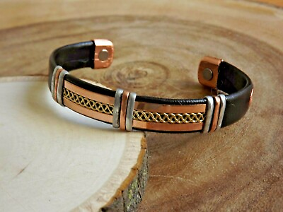 #ad Solid Copper Leather Wrapped Magnetic Bracelet Men Women Energy Pain Copper $10.95