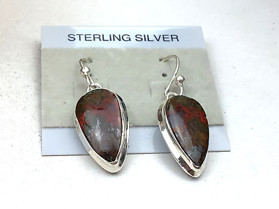 #ad Sterling Earrings Tested Silver Red Green Moss Agate Gemstone NO OFFERS $14.00