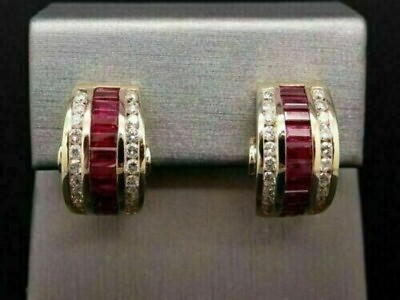 #ad 4 CT Baguette Cut Lab Created Ruby Diamond Hoop Earrings 14K Yellow Gold Plated $93.59
