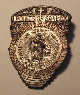 #ad Vtg Points of Safety badge Saint St Christopher protect us car visor pin clip BB $75.00