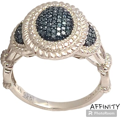 #ad Designer JS AFFINITY Sterling Silver 925 Pave Blue Diamond Cocktail Ring Size11 $85.00