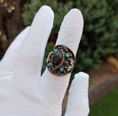 #ad Vintage Massive Ring Black Enamel Bohemian Turquoise Blue Rhinestone Retro Gift $17.60