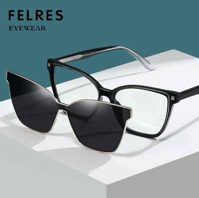 #ad Women Cat Eye TR90 Frame Optical Glasses Magnetic Clip on Polarized Sunglasses $14.58