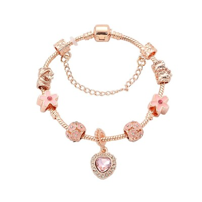 #ad 18K Rose Gold Plated Pink Crystal Heart Charm Bracelet Made With Cubic Zirconia $9.99