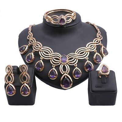 #ad Women Gold Purple Zircon Tassel Crystal Wedding Party Necklace Ring Jewelry Set $15.99