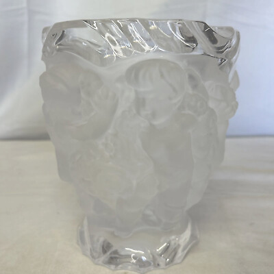 #ad ‘Lalique Style’ FROSTED Angel Cherub Relief Vase Thick amp; Heavy 7quot; X 6quot; no Mark $115.00