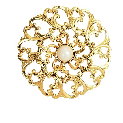 #ad Gold Tone Round Filigree Faux Pearl Lapel Scatter Pin M353 $19.99