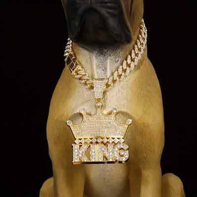 #ad Pet Dog Cat Gold Plated KING CROWN Cubic Zirconia amp; Iced Cuban Chain Necklace $36.99