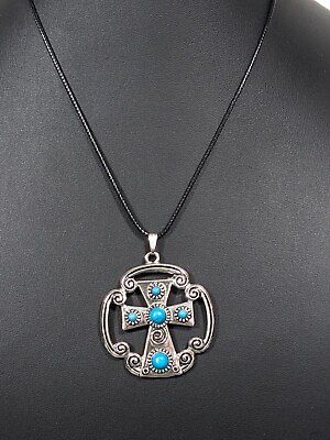#ad Western Cross Faux Turquoise Cabochon Round Pendant Black Cord Necklace 19 in $9.09
