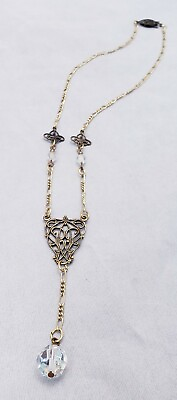 #ad Victorian Reproduction Crystal Drop Delicate Filigree Vintage Brass Necklace $14.00
