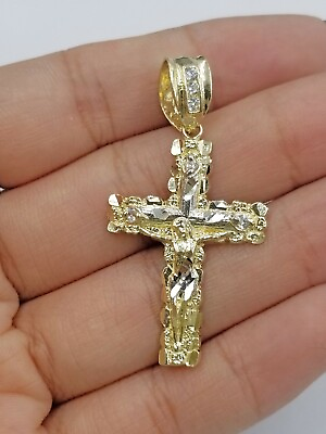 #ad 10k Yellow Gold Cross Pendant Diamond Cut Jesus REAL Crucifix Free Shipping $170.89