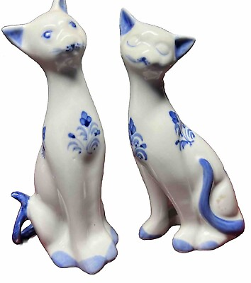 #ad Vintage Andrea By Sadek Smiling Cats Blue White Porcelain Pair READ $24.72