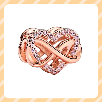 #ad Rose Gold Sparkling Infinity Pink Heart Charm 925 Sterling Silver Bracelet Charm $15.00