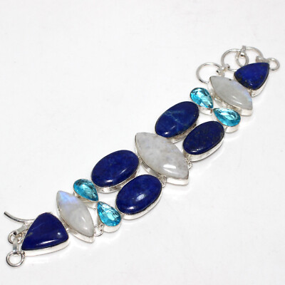 #ad 925 Silver Plated Lapis Lazuli Rainbow Moonstone Big Cluster Bracelet 8.5quot; GW $13.99