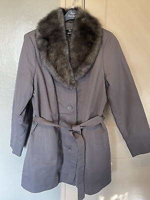 #ad Denis By Denis Basso gray Oversized Collar faux Furcollar trench coat sz large $40.94
