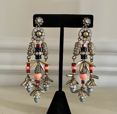 #ad J Crew Beaded Crystal Chandelier Coral Blue Red Gold Clear Multicolor Earrings $46.74