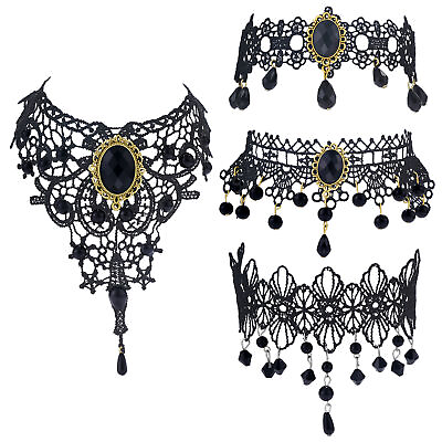 #ad 4pcs Women Gothic Retro Black Lace Wide Choker Victorian Vintage Collar Necklace $12.99