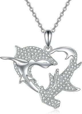 #ad Sterling Silver Shark Hammerhead Shark Heart Pendant Necklace Jewelry for Women $70.99