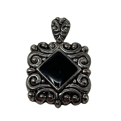 #ad Vintage Silver Tone Pendant Black Glass Stone and Accents $8.99