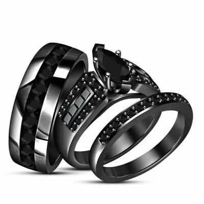 #ad Lab Created Black Diamond Trio His amp; Her Wedding Ring Set 14K Black Gold Plated $120.99