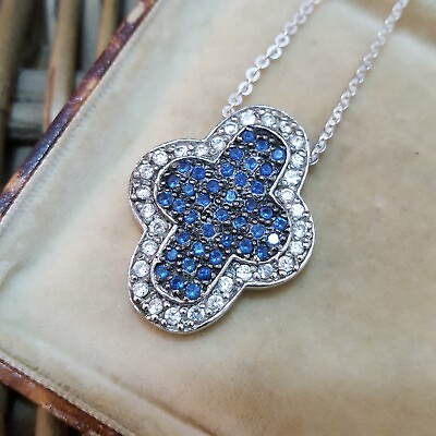 #ad 925 Sterling Silver Necklace Blue And White Cubic Zirconia Large Cross 16quot; GBP 42.99