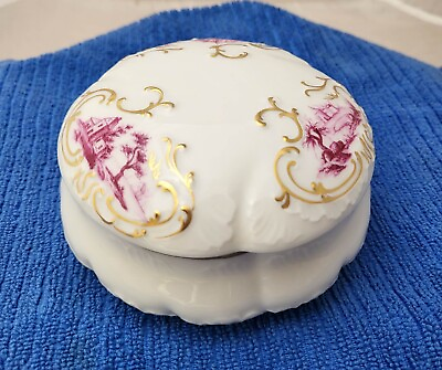 #ad RARE Hochst porcelain round jewelry trinket box pink house cottage scene w lid $89.99
