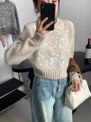 #ad Sparkling Knitted Sweater Women Elegant O Neck Long Sleeve Sequin Sweater $43.68