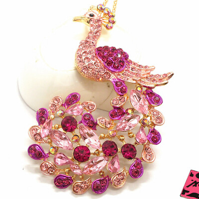 #ad Hot Fashion Pink Crystal Peacock Bling Animal Pendant Sweater Chain Necklace $3.95