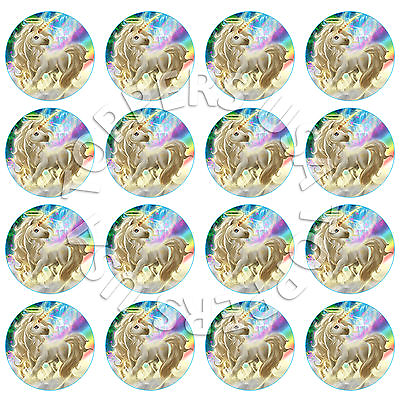 #ad 16x EDIBLE Rainbow Unicorn Birthday Cupcake Toppers Wafer Paper 4cm uncut $5.99
