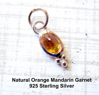 #ad Mandarin Orange Garnet Sterling Silver Small Charm Tiny Gemstone Oval Pendant $12.79
