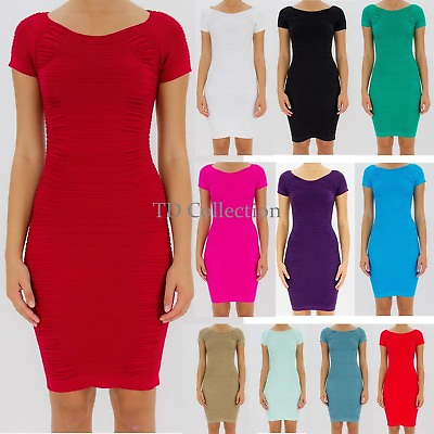 #ad New Ruched Seamless Stretch Fitted Short Sleeve Knee Casual Dress One Size $24.99