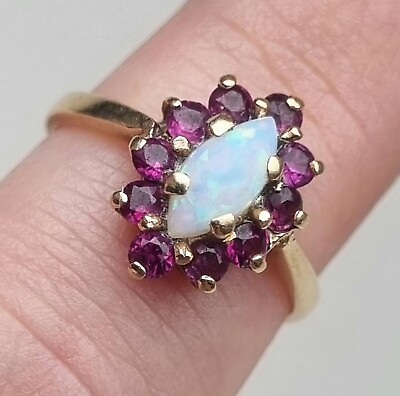 #ad Hallmarked 9ct Yellow Gold Marquise Opal amp; Ruby Halo Cluster Ring Size N 2.3g GBP 129.99