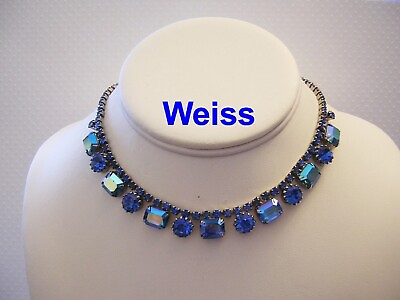 #ad WEISS Captivating CERULEAN Blue RECTANGLE RHINESTONES Superb Necklace $120.00