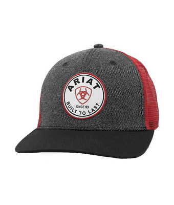 #ad Ariat Mens Built To Last Round Logo Patch Snapback Cap Hat Black Heather Red $25.00