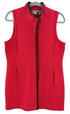 #ad Chicos Boiled Wool Long Vest Size 0 US 4 Small Vegan Leather Trim Pockets Red $34.95